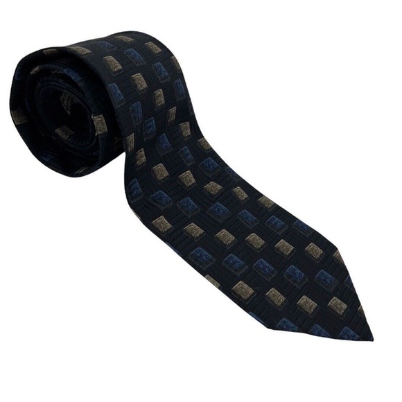 Ermenegildo Zegna Tie Mens Blue Tan Square Geometric Silk Luxury Business - Picture 2 of 11